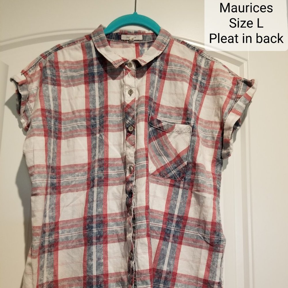 Maurices button up t-shirt, red, white, and blue plaid, size Large